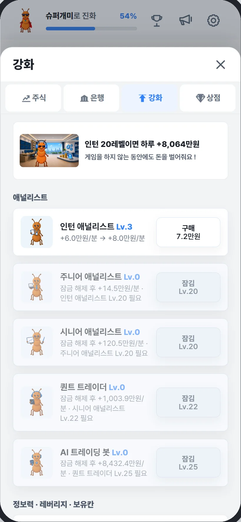 강화 화면. 인턴부터 AI 트레이딩 봇까지 애널리스트 목록과 구매 버튼.